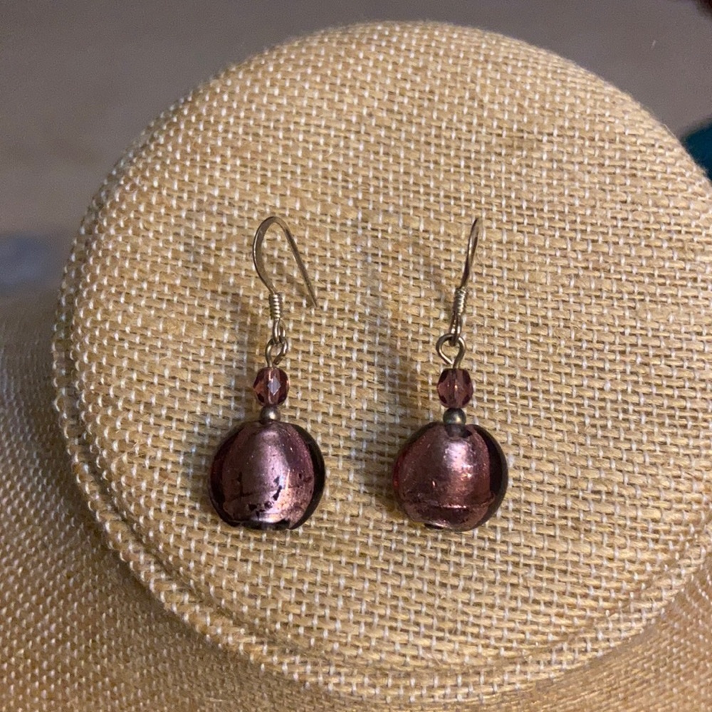 Purple Mauve Metallic Coin Bead Drop Earrings Silver Hook Dangle